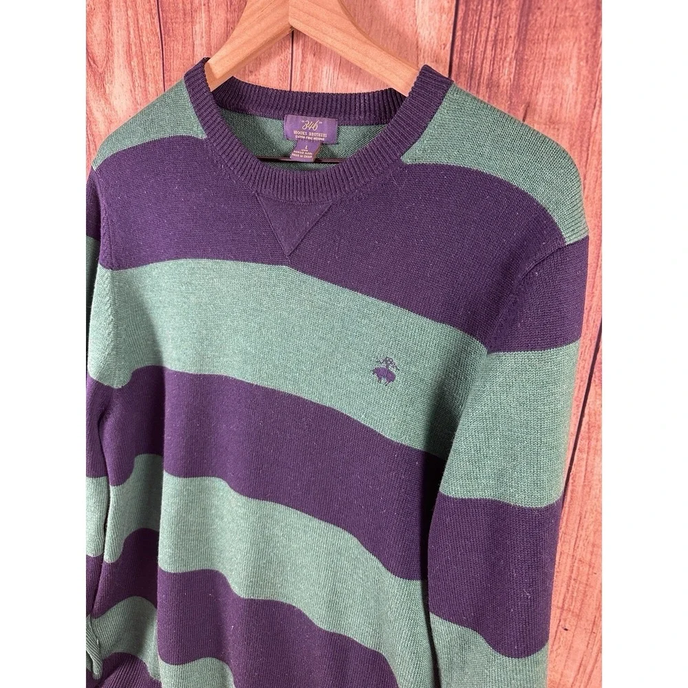 Brooks Brothers 346 Men Sweater LARGE Merino Wool Blue Green Stripe Crew Neck